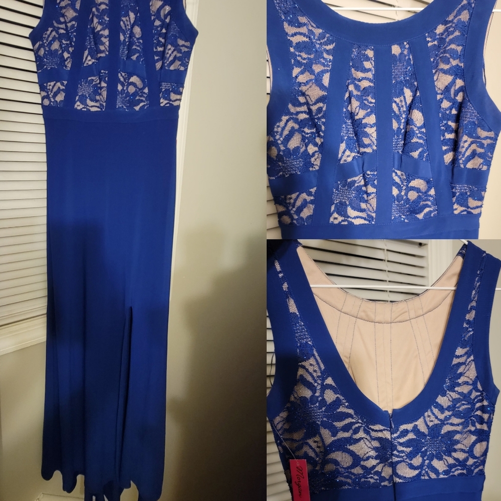 Blue and tan junior gown with a front Slit